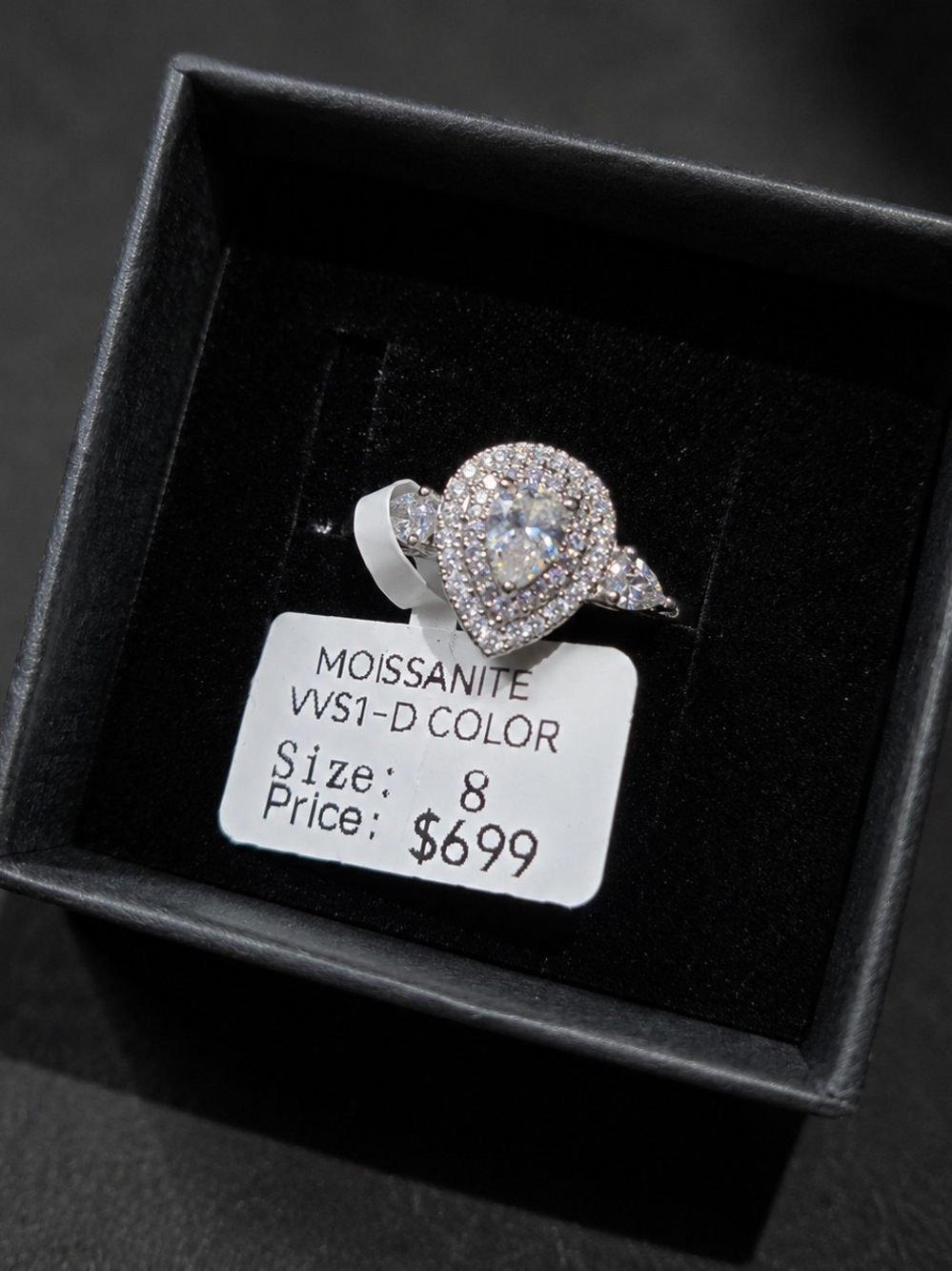 Moissanite Pear Halo Engagement Ring in Silver - Size 8